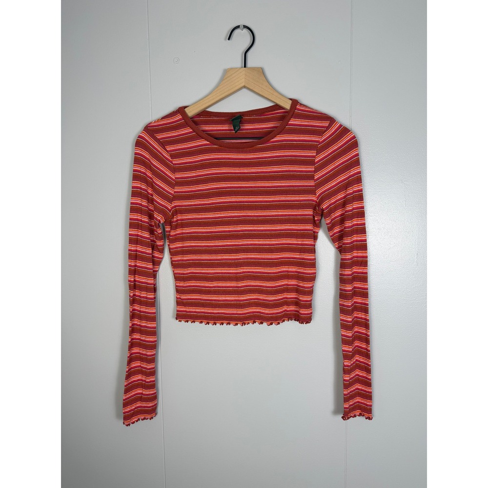 Wild Fable Y2K Indie 90s Skater Crop Top Women M Red Striped Ribbed Lettuce Edge